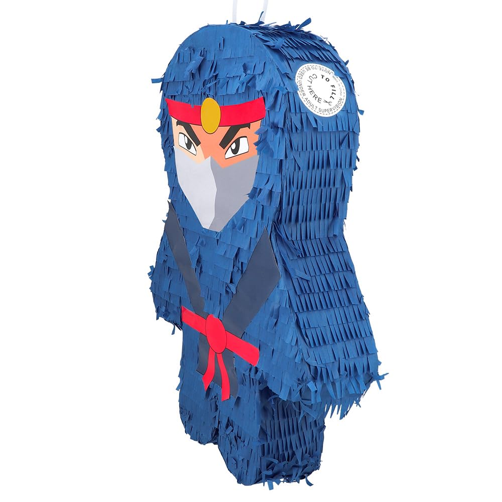 Pinata - Ninja, bâton de frappe et masque - Comme jeu et décoration pour anniversaire d'enfant et fête à thème - Dimensions : 45 x 34 x 10 cm - Compatible avec anniversaire Ninjago - Fête pour enfants