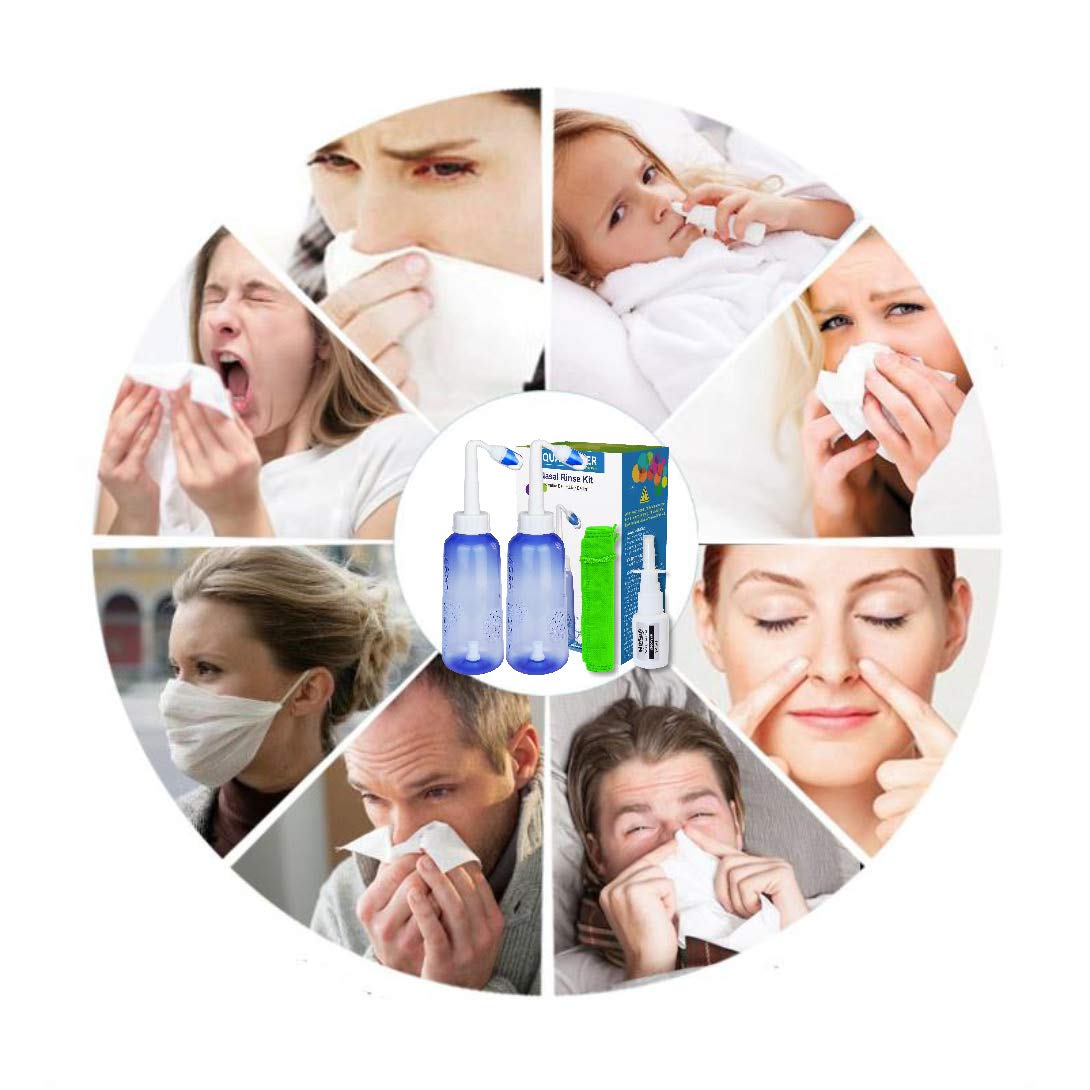 Lot de 2 pots Neti – |2 bouteilles + 4 buses| +pulvérisateur nasal (flacon uniquement) – 300 ml – Kit de rinçage pour sinus –Nettoyant pour le nez et irrigation des sinus –Pulvérisateur nasal bloqué
