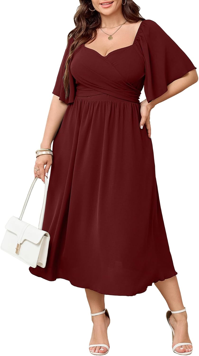 Women's Plus Size Midi Dress Sweetheart Neck Short Sleeve Wedding Guest Cocktail A Line Flowy Dress