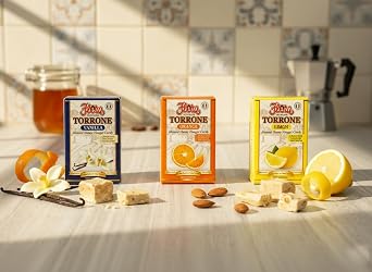 Flora Foods Assorted Italian Torrone 18 Almond Honey Nougat Pieces Vanilla, Lemon & Orange Flavors Less Than 60 Calories Each Made in Italy 7.62 oz Box