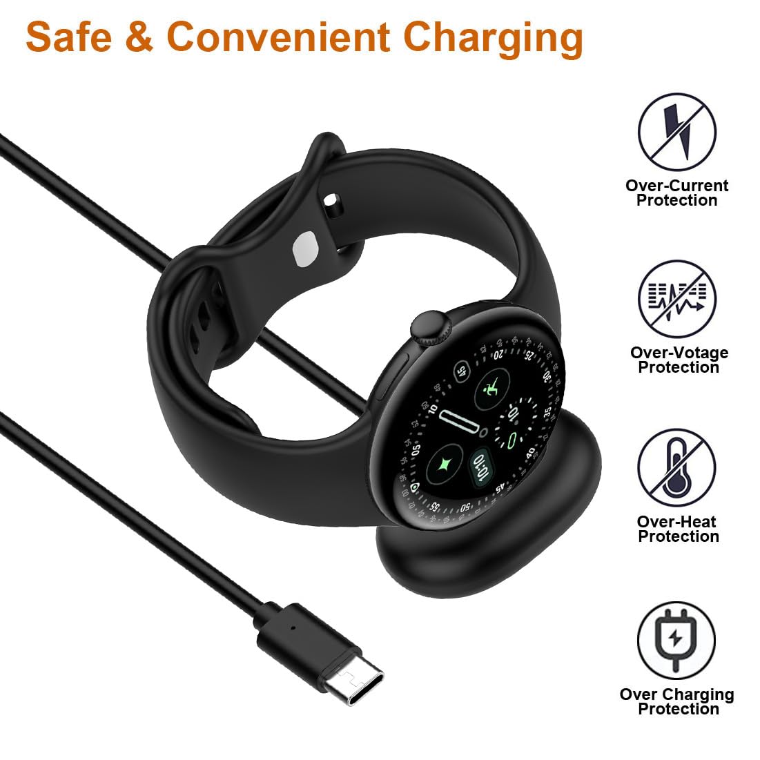 Compatible for Google Pixel Watch 4 41mm/45mm Charger Type C Cable Smartwatch Fast Charging (2-Pack Black)