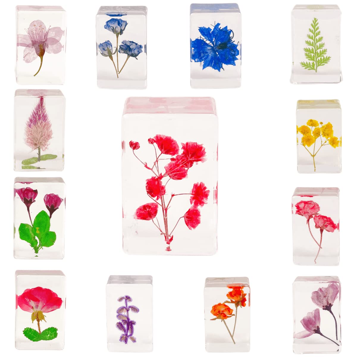 Artificial Resin Amber Specimens Plants in Resin Flower Amber, Rose, Crabapple, Fern Leaf, Cherry Blossom and Other Teaching Specimens, Book Pressing Plate, Pendant (13Pcs)