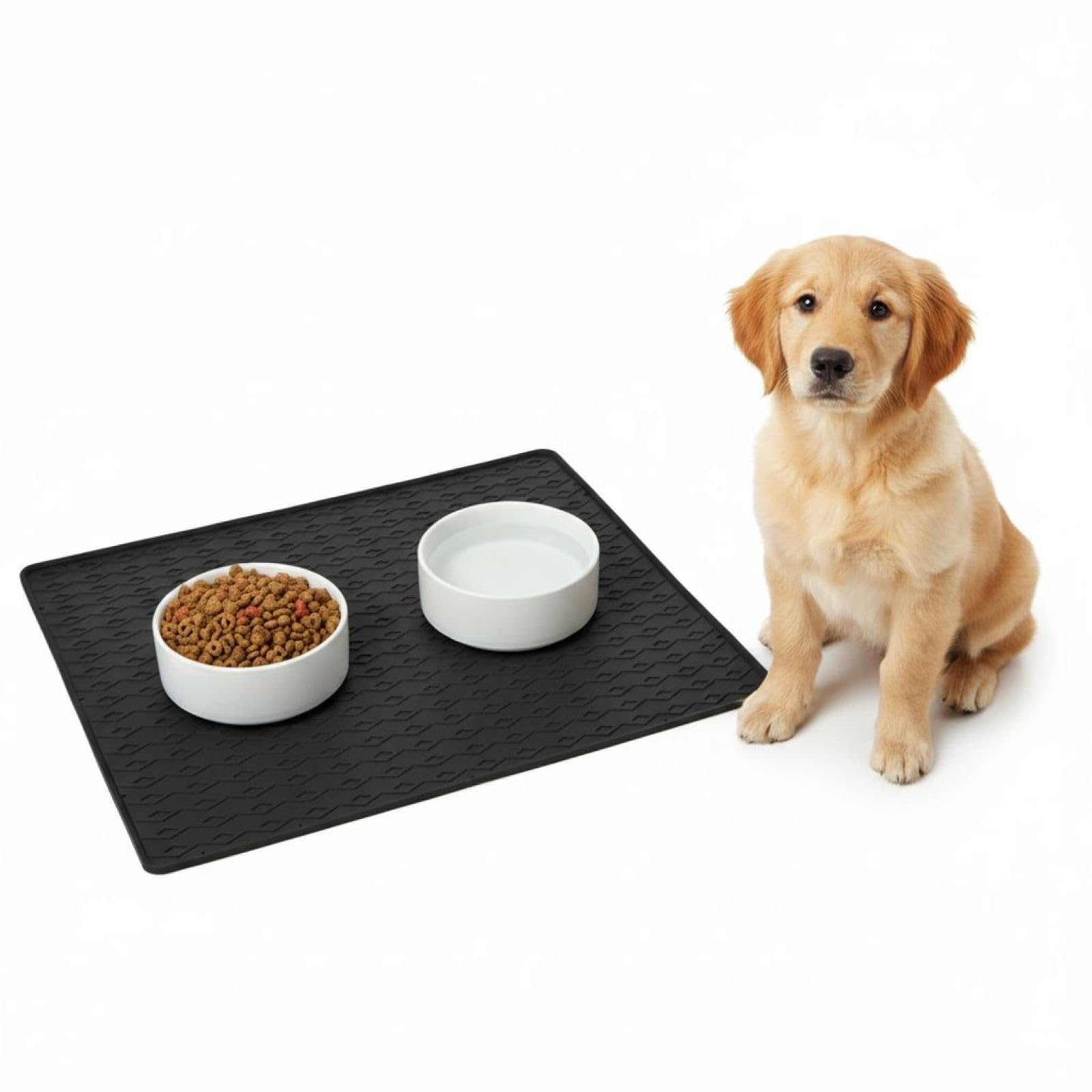 Schwarze Silikon-Futtermatte für Haustiere, 60 x 50 x 1,5 cm, Napfunterlage mit erhöhtem Rand, wasserdichte Futterunterlage gegen Verschütten, rutschfeste Matte für Futter- und Wassernäpfe