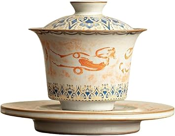 Tea Cup and Saucer Set Feitian Dunhuang Bowl with Lid Kung Fu Tea Set Vintage Chinese Porcelain Unique Ceramic Gift for Tea Lovers C14.7*11cm