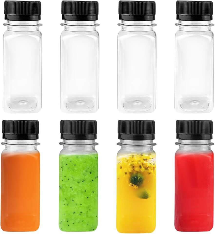 8 garrafas de suco de plástico de 60 ml com tampas recipientes pequenos para amostras de suco de leite e outras garrafas de viagem