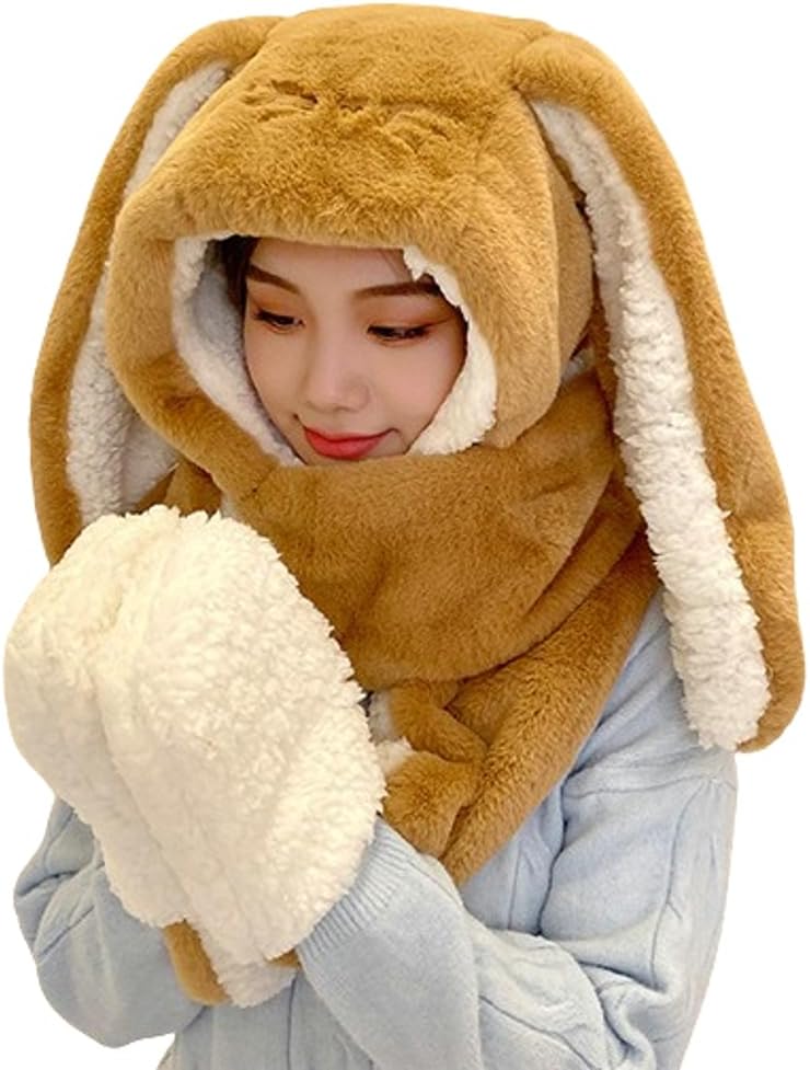 Women Cute Rabbit Ear Plush Beanie Cap Outdoor Fluffy Bunny Hat Scarf Set Indoor Warm Thick Fleece Animal Hoodie