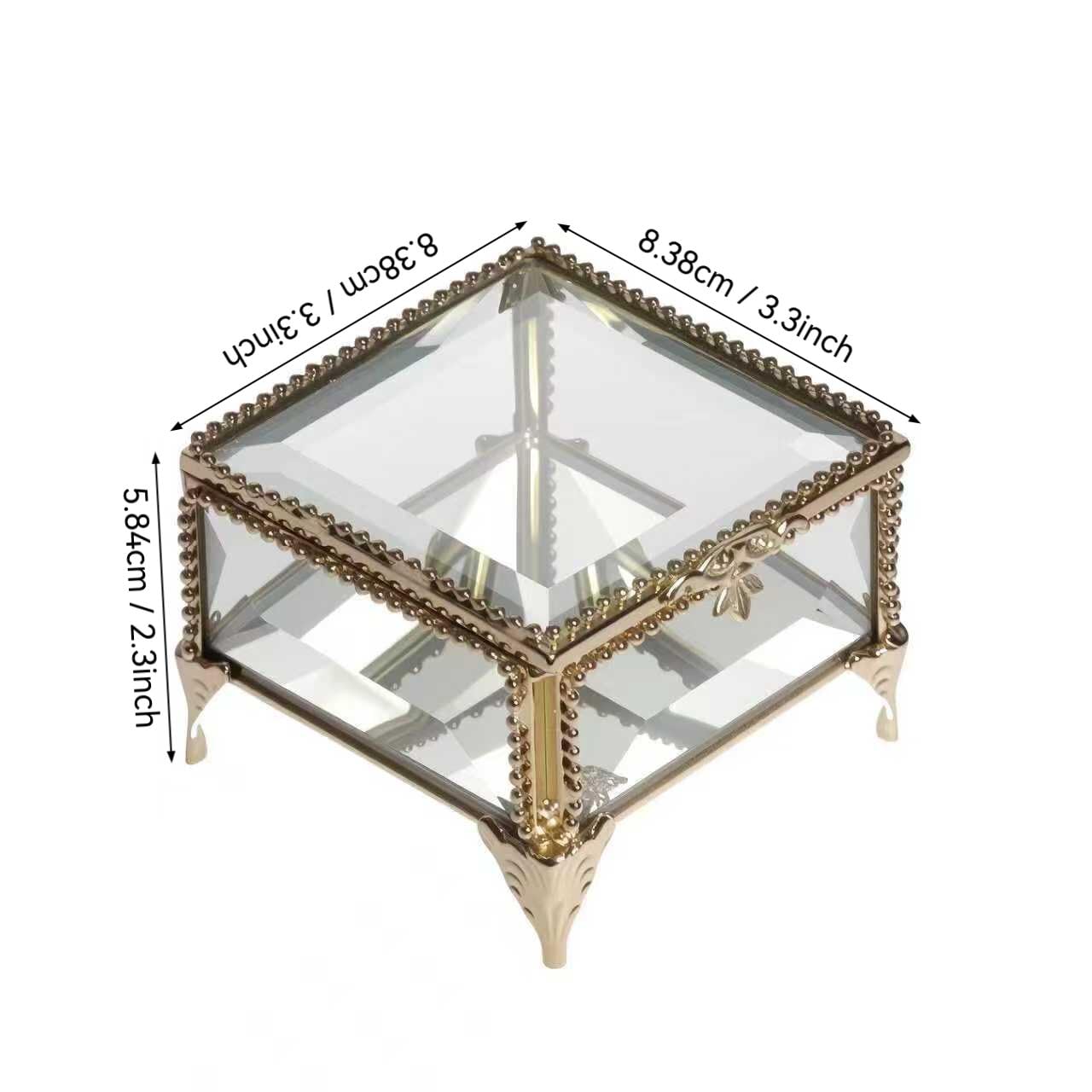 Joyero rectangular de cristal vintage con tapa con bisagras, 8.3 x 8.3 x 5.8 cm, caja de recuerdo para anillos, baratijas y más (dorado)