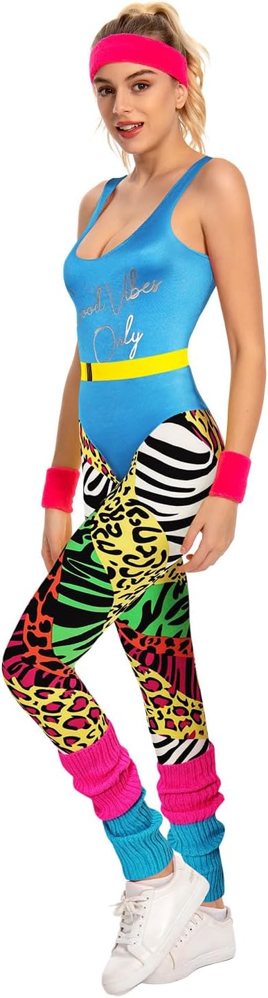 80s Workout Costume Women Aerobics Leotard Outfits Full Accessories Yoga Set Headband Wristbands 7 Pcs