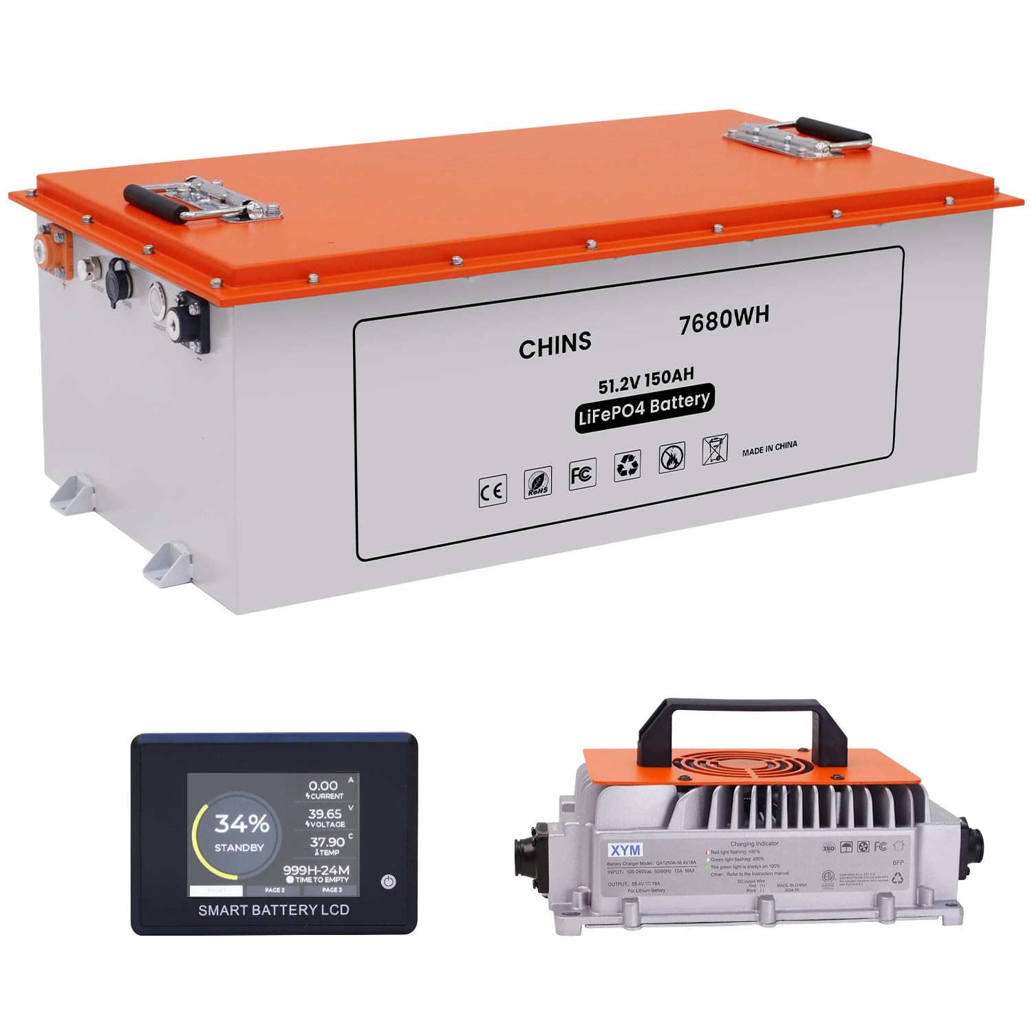 CHINS 48V 150Ah Lithium Golf Cart Battery, Built-in Smart 200A BMS, with Touch Monitor & Mobile APP, 4000+ Cycles 48V Lithium Battery, Max 10.24kW Output 70 Miles Range, Perfect for Golf Cart