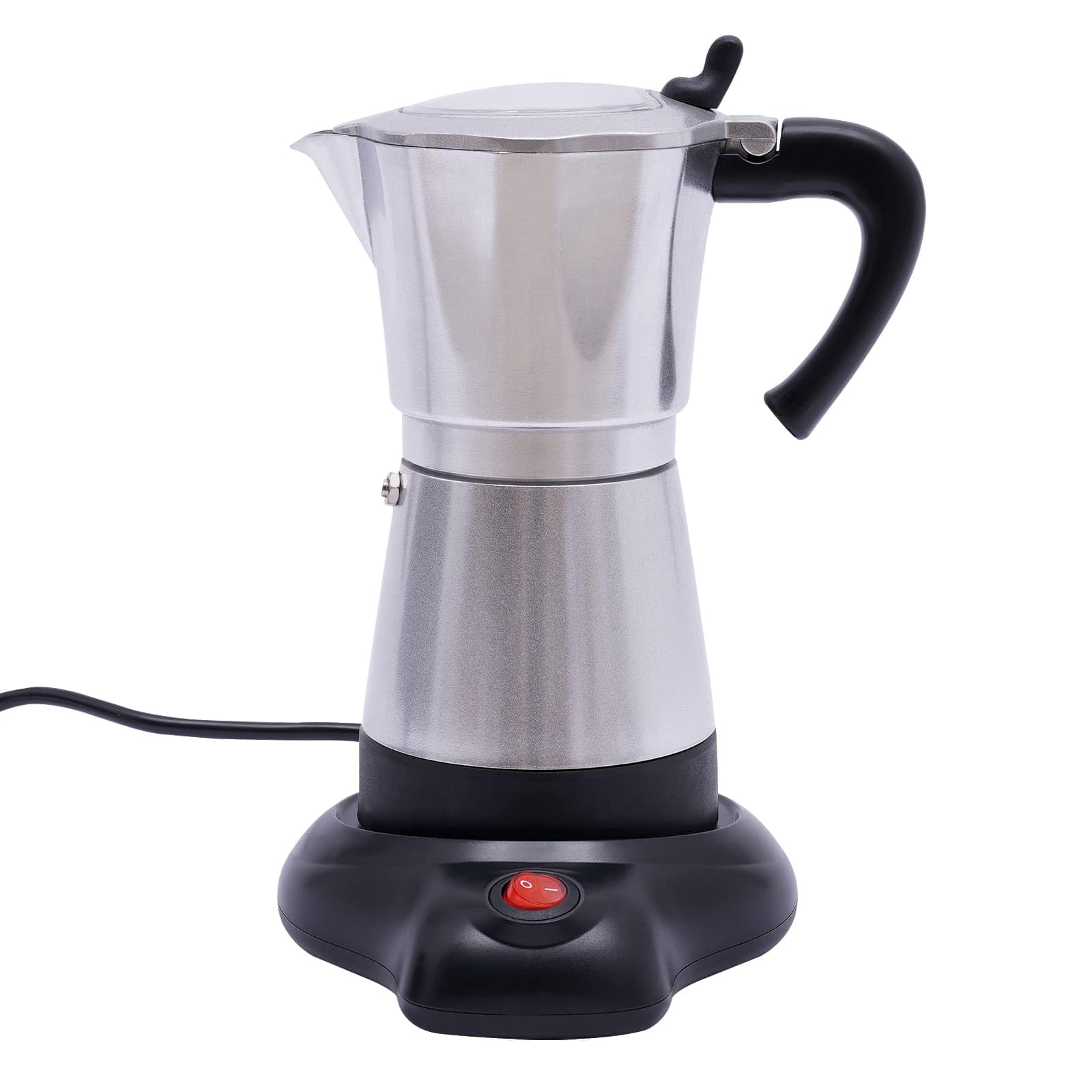 Cafetera Eléctrica Italiana con Base, Para 6 Tazas Espresso, 300 ml, 480 vatios, Aleación de aluminio, rotación 360°, 10,2 x 19,5 cm (plata)