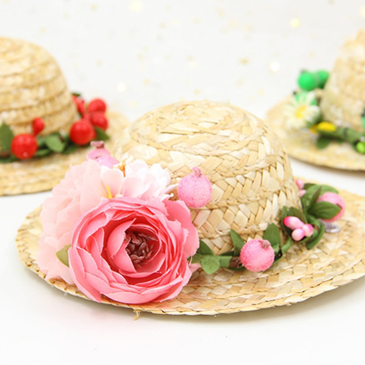 Pet Straw Woven Hat for Dogs, Pink Flower Straw Woven Cap, Small Size S, Summer Hawaiian Style Dog Hat for Small Breeds, Outdoor Photo Prop Accessory