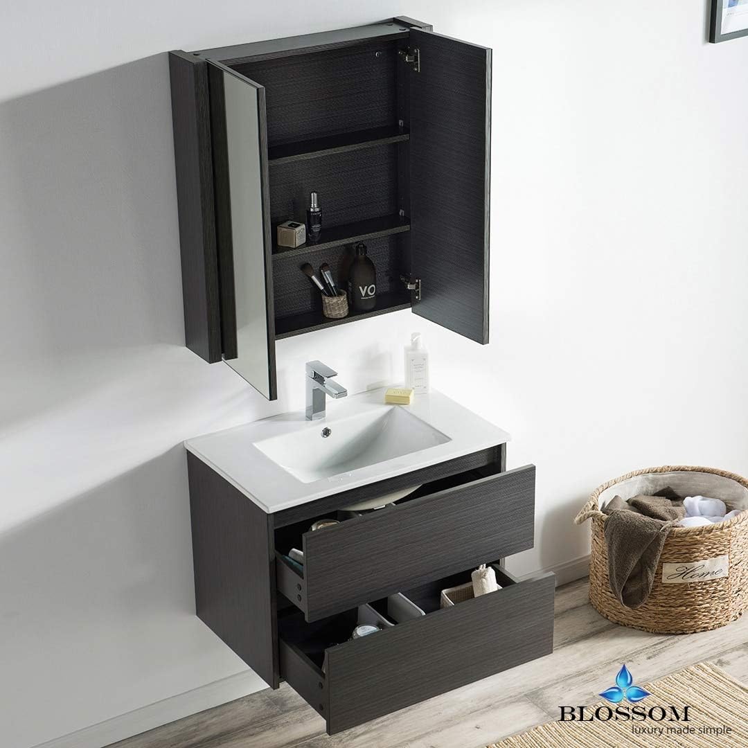 Blossom Luxury 30 Inch Floating Vanity with Medicine Cabinet Mirror - Premium Plywood Construction - Preassembled Wall Mounted Bathroom Vanity and Ceramic Sink Combo - Silver Grey