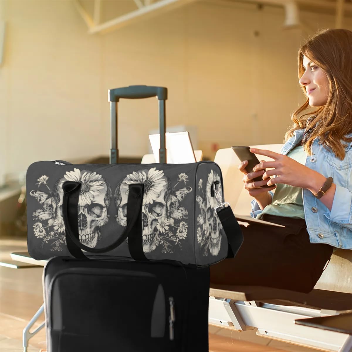 Travel Duffel Bag, Retro Skull Flower Sports Tote Gym Bag Foldable Weekender Workout Bags Carry on Luggage Handle Overnight Shoulder Bags for Women Men