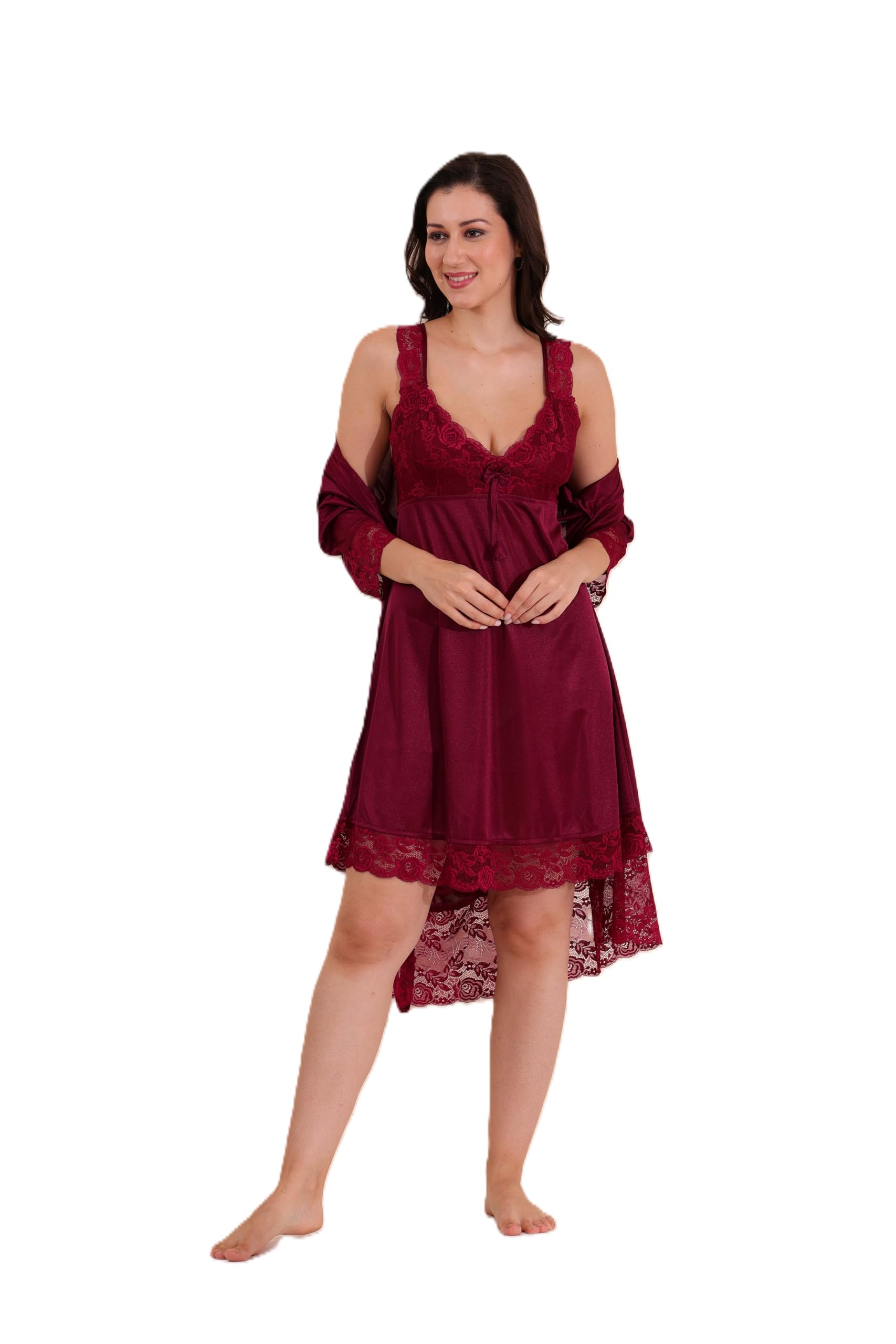 arela Women’s Burgundy Satin Babydoll Nightdress with Robe, Rich Satin Fabric, One Size Luxury Sleepwear-picture-25