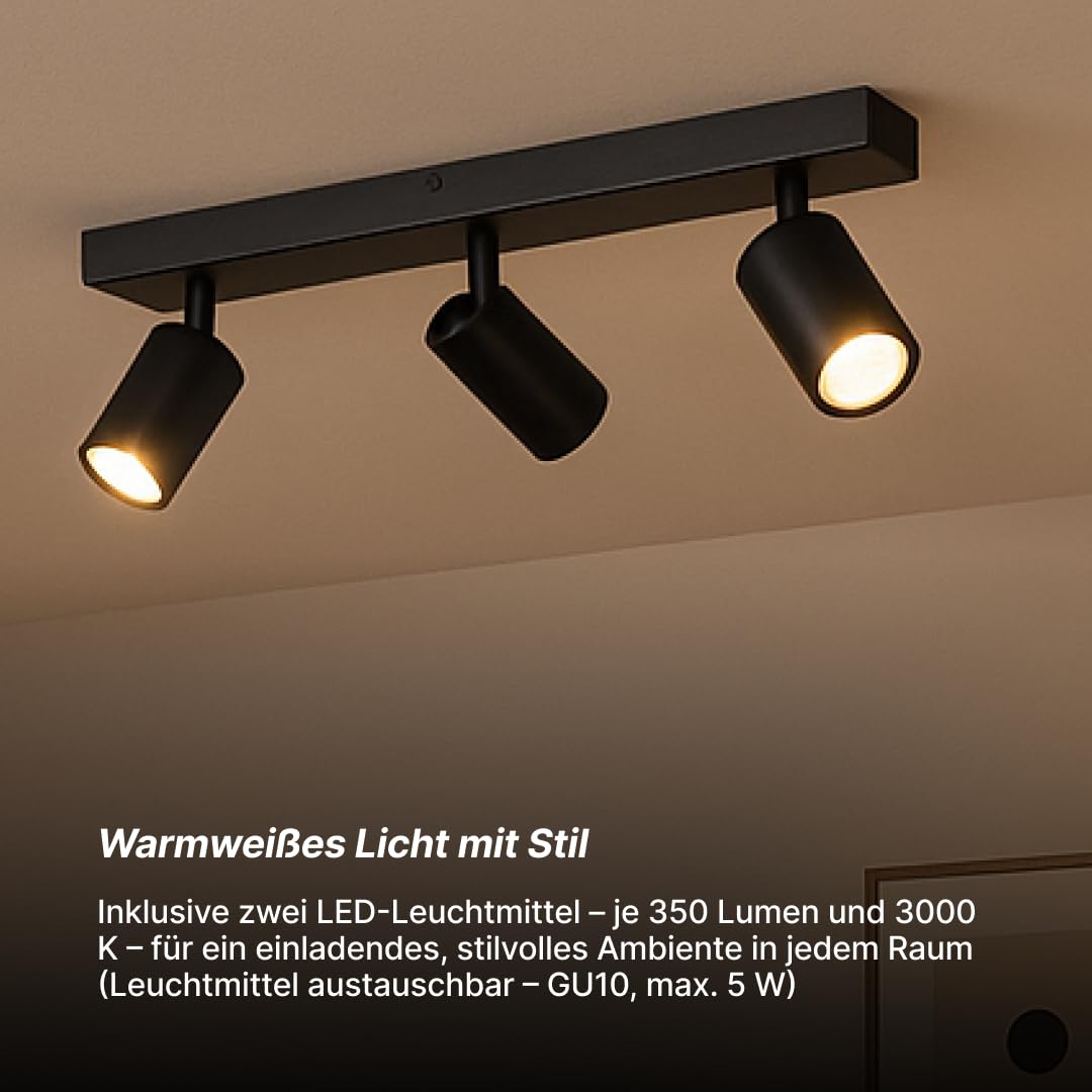 Brilliant Jello LED Spotbalken 3-flammig – Deckenleuchte aus Metall in Schwarz matt mit schwenkbaren Köpfen, inkl. 3× LED GU10 (350 lm, warmweiß), dimmbar, IP20