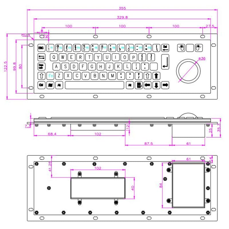Wodoodporna, wandaloodporna, IP65, do montażu panelowego, przewodowa, metalowa klawiatura przemysłowa ze stali nierdzewnej z USB i myszką Trackball
