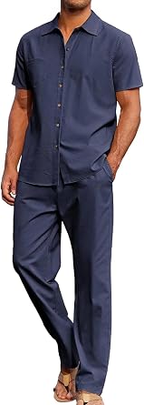 Mens 2 Piece Outfits Casual Beach Short Sleeve Button Down Shirts Loose Pant Sets Summer Vacation Walking Outfits