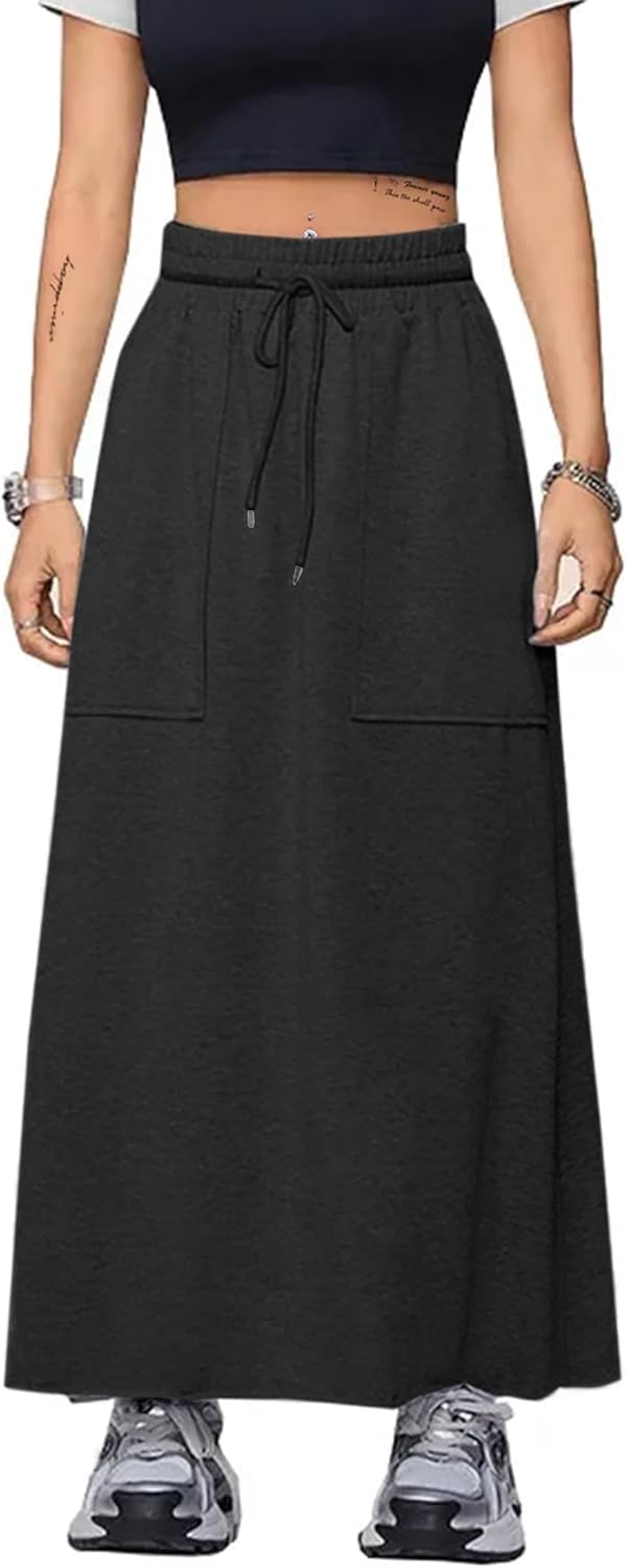 SOFIA'S CHOICE Women's Drawstring Maxi Skirt with Pockets High Waist A Line Long Skirts - Image 3