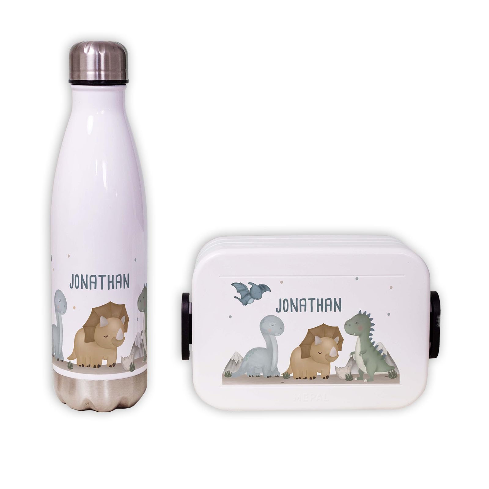 hellomini Mepal Lunch Set | Personalisiert | Mepal Brotdose Kinder & Trinkflasche 500ml | Personalisierte Brotdose & Trinkflasche Edelstahl | Geschenk zur Einschulung (Dinowelt, Box grün)