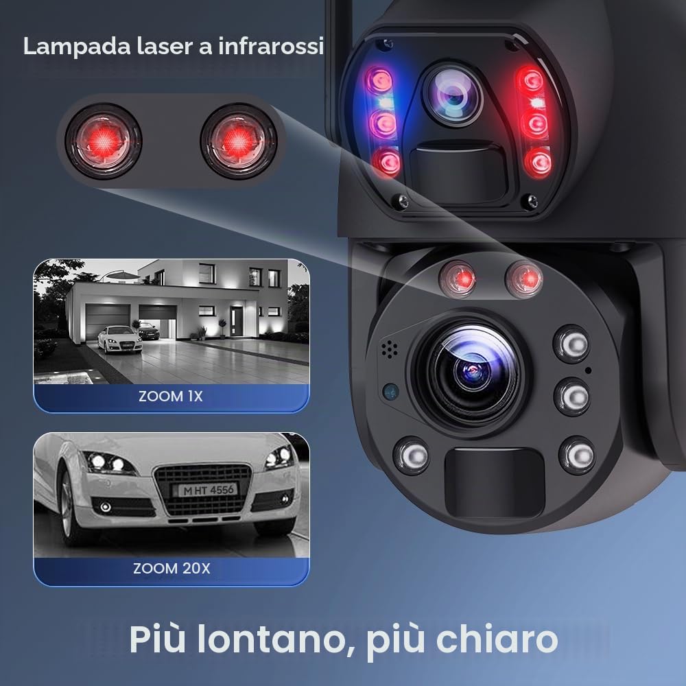 SHIWOJIA Telecamera di sorveglianza WiFi esterna senza fili con 30 W pannello solare 20,000 mAh batteria 6 MP fotocamera esterna senza fili [registrazione 24/7], doppia lente doppia PIR, IP66