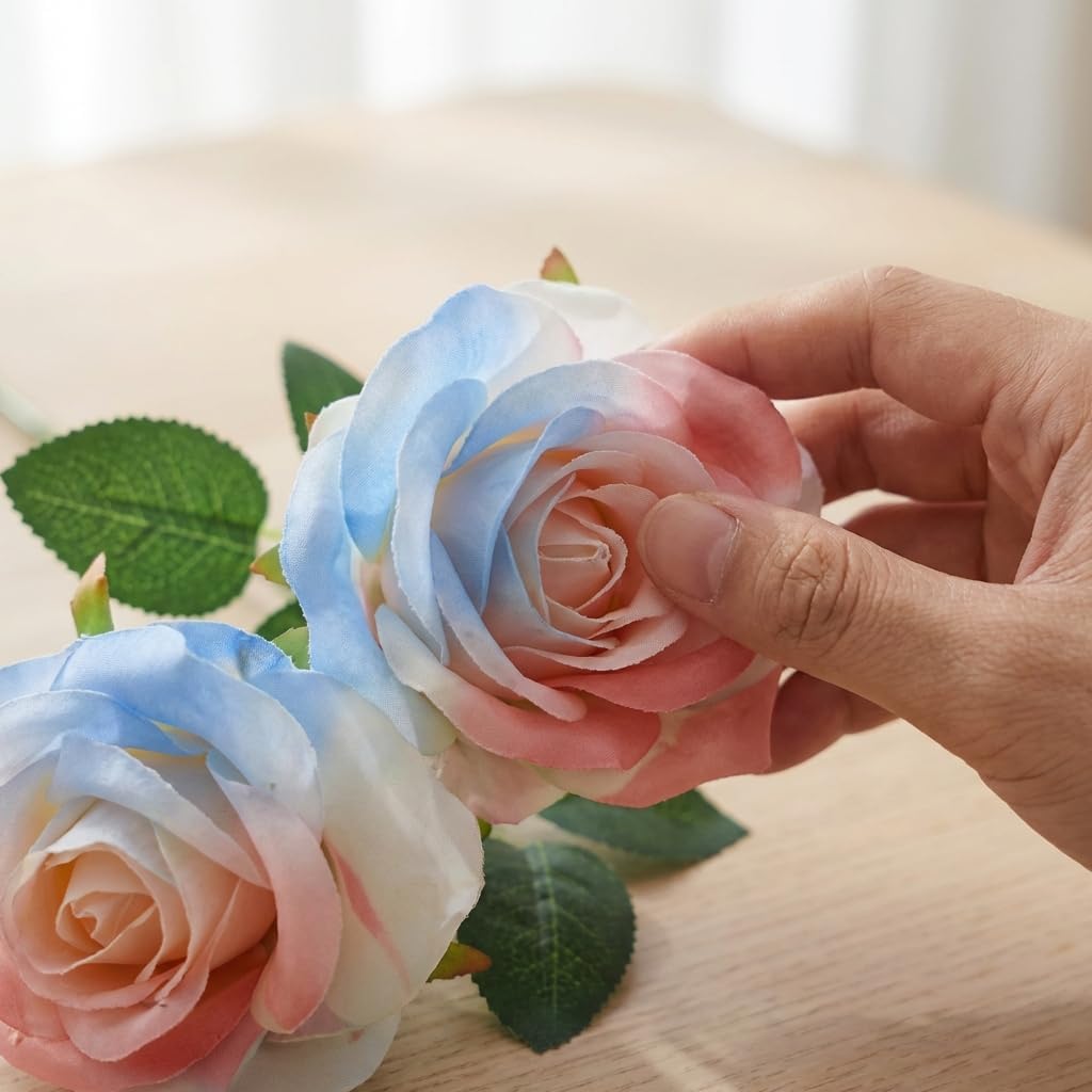 Pink Blue Mix Artificial Roses Fake Flowers Not Bend The Peduncle with Stems for DIY Wedding Bouquets Bridal Shower Centerpieces Arrangements Tables Decorations 24pcs