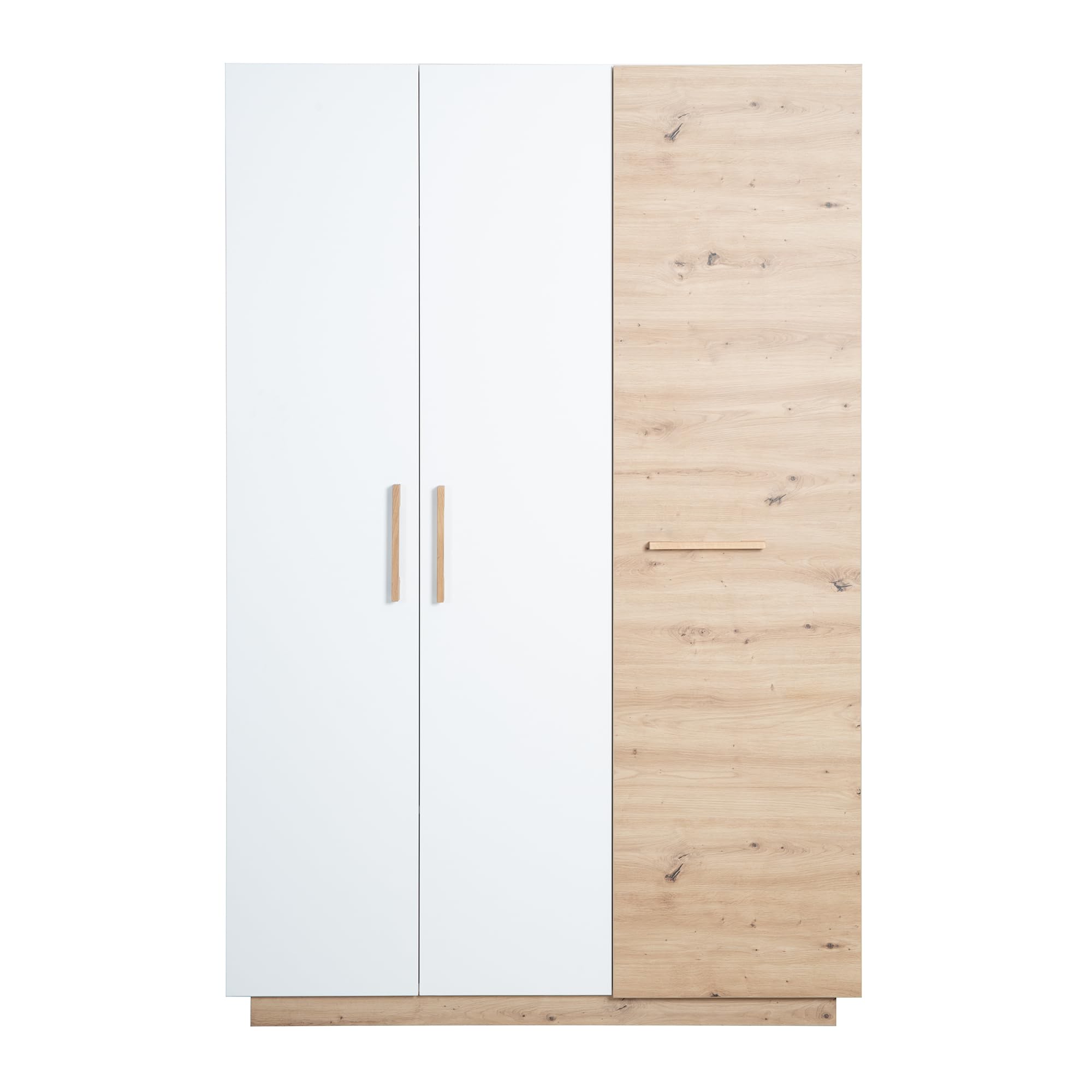 roba Kleiderschrank 'Lion' 3-türig Weiß/Holzdekor 'Artisan Eiche' Griffe aus massiver Eiche Drehtürenschrank HxBxT: 200 x 132 x 52,5 cm