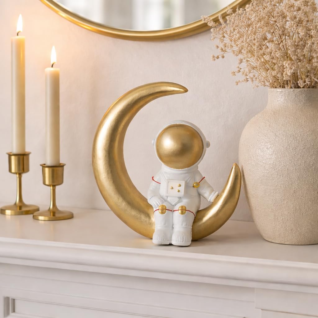 Crescent Moon Home Decor Astronaut Figurine - Polyresin Sculpture Statue with Celestial Styling for Shelf & Coffee Table Decor - Whimsical Accent for Living Room, Bathroom or Office - 8”, White & Gold