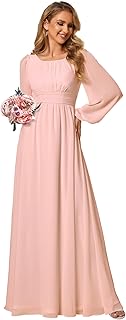 Women's Crewneck Long Lantern Sleeves Floor Length A-Line Pleated Chiffon Formal Dress 0106B