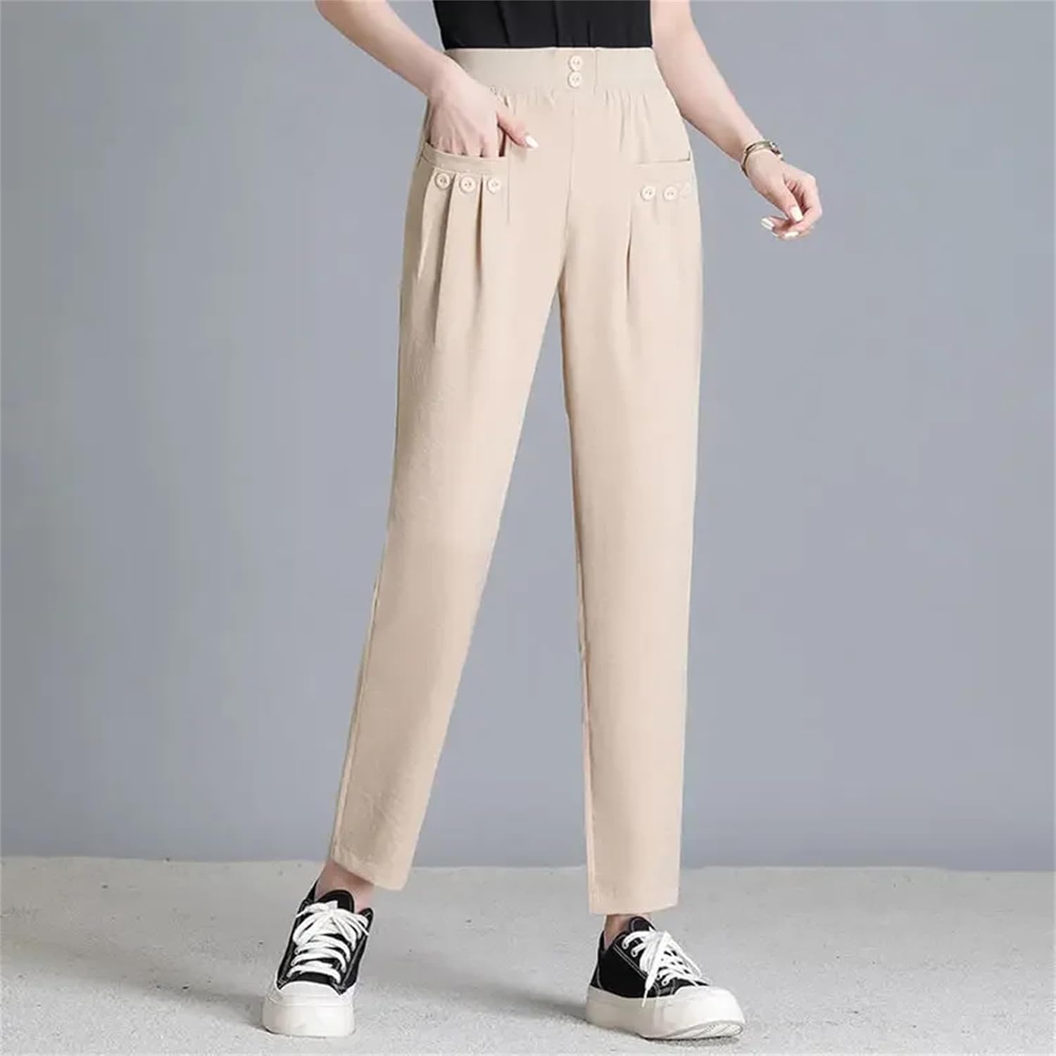 Spring Women's Clothing Solid Color Elastic High Waisted Pockets Button Casual Straight Pencil Office Lady Pants