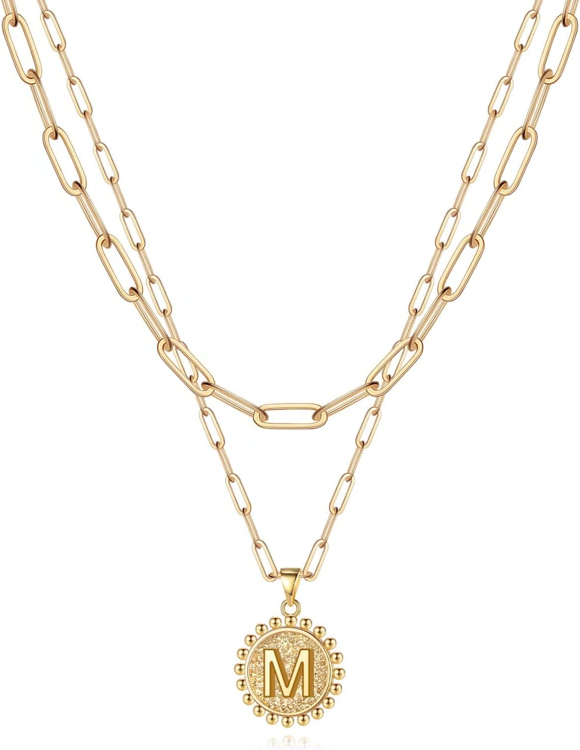 Mothers Day Gifts - Layered Initial Necklaces for Women Trendy 14K Gold-Plated Dainty Layering Paperclip Chain Coin Initial Necklace Jewelry Gifts for Women Mom Wife Teen Girls