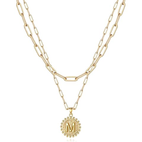 Yoosteel Christmas Gifts for Women, Gold Initial Necklaces for Women 14K Gold Plated Dainty Layering Paperclip Link Chain Necklace Coin Initial Layered Necklace Birthday Gifts Stocking Stuffers
