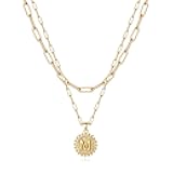 Christmas Gifts for Women, Gold Initial Necklaces for Women 14K Gold Plated Dainty Layering Paperclip Link Chain Necklace Coin Initial Layered Necklace Birthday Gifts Stocking Stuffers