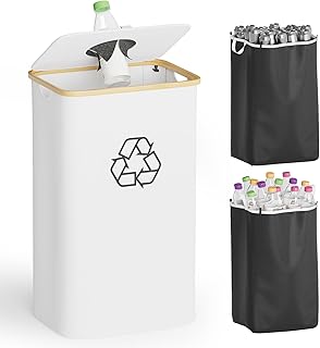 SpaceAid Recycling Bin for Kitchen 26 Gallon, 100L Recycle Bin with Lid and 2 Reusable Inner Bags, for Bottle Can Glass Plastic Stickers, White