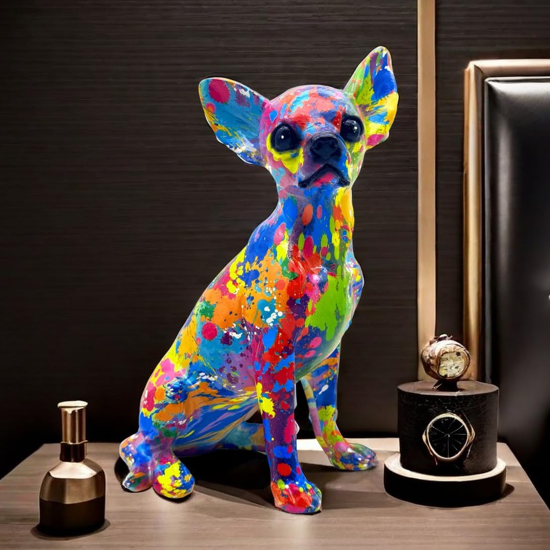 FUNSXBUG Colorful Chihuahua Dog Art Statue Figurines Sculpture Collectibles Home Office Living Room Desktop Display Decoration (Color 3)