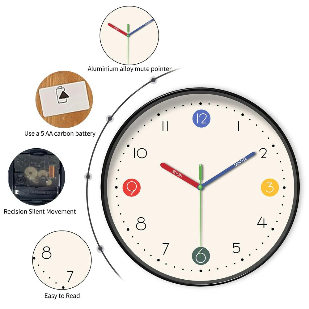 NYSDM Eine einfache beige und weiße Wanduhr mit bunten Zeigern und niedlichem digitalem Design, 25,4–40,6 cm, rund, silberfarben