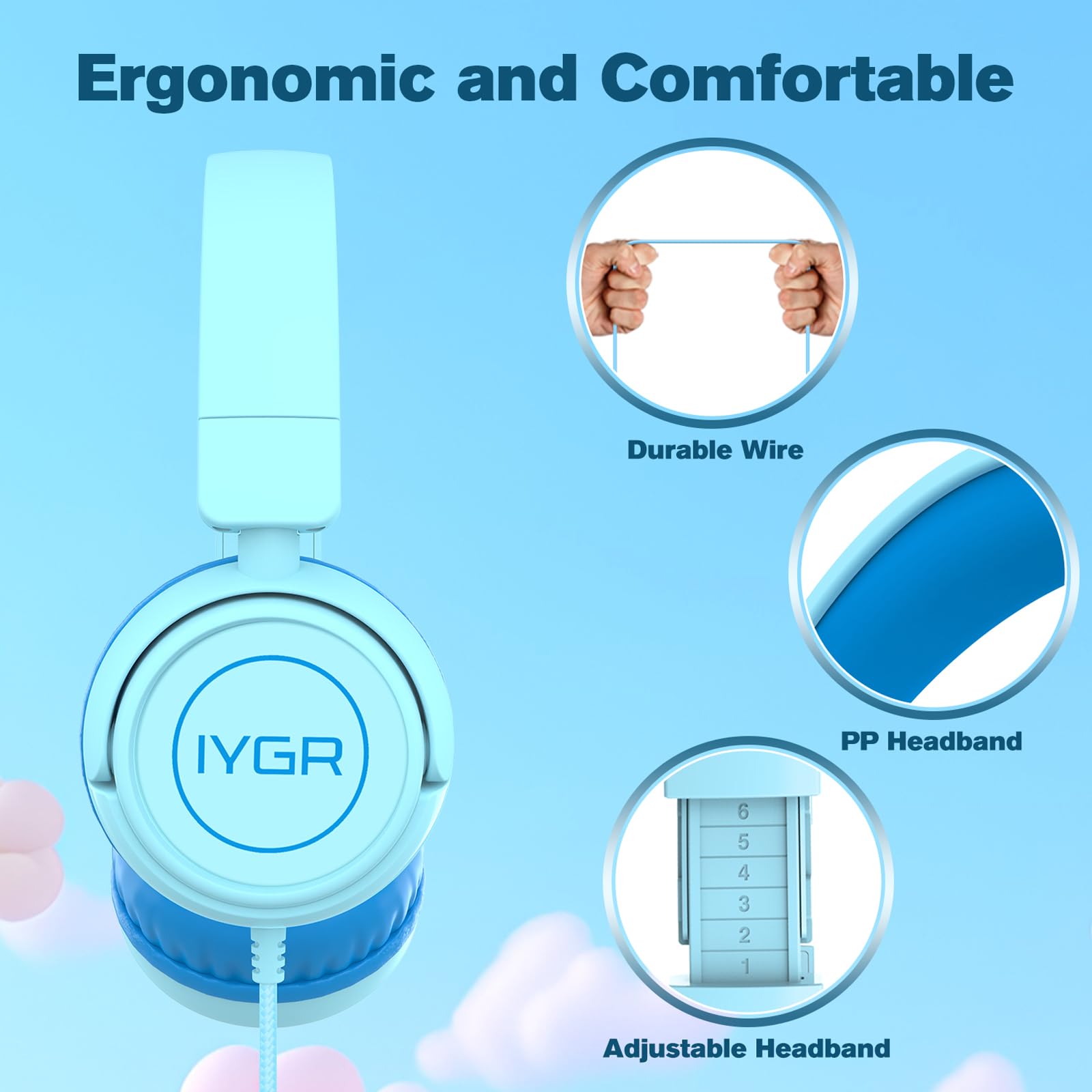 K6, cuffie USB tipo C per bambini, per la scuola, volume sicuro da 94 dB, suono stereo HD, cuffie on-ear pieghevoli leggere (ciano)