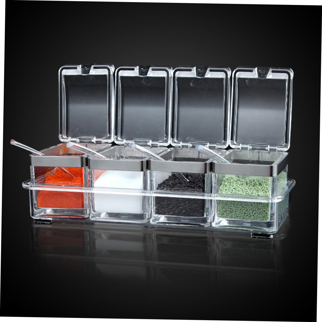NUOBESTY Acryl Gewürzbox Satz mit 4 Fächern Luftdichte Gewürzbehälter mit Edelstahldeckel und Tablett Praktisches Aufbewahrungssystem für Gewürze als Einweihungsgeschenk