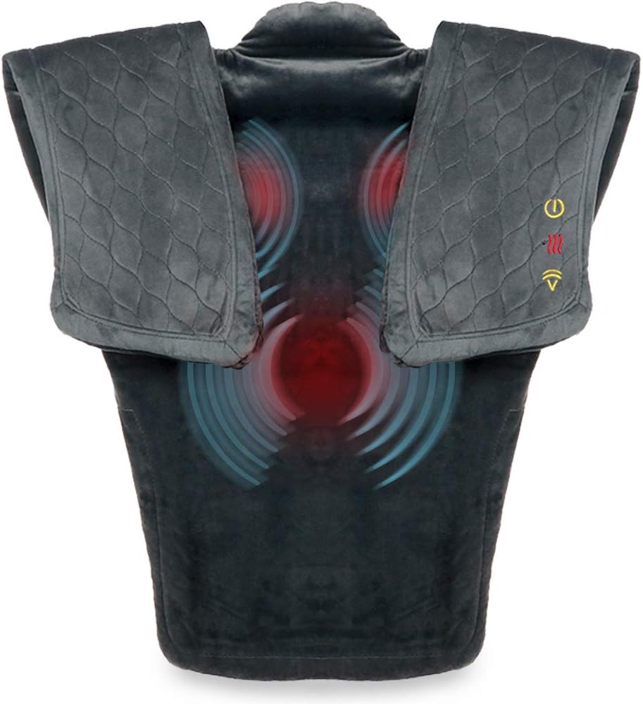 Vibration Massage Wrap with Subtle Heat | Adjustable Intensity, Soft Fabric | Shoulder Massage, Relieves Neck, Upper Back, Shoulder Tension | Gray