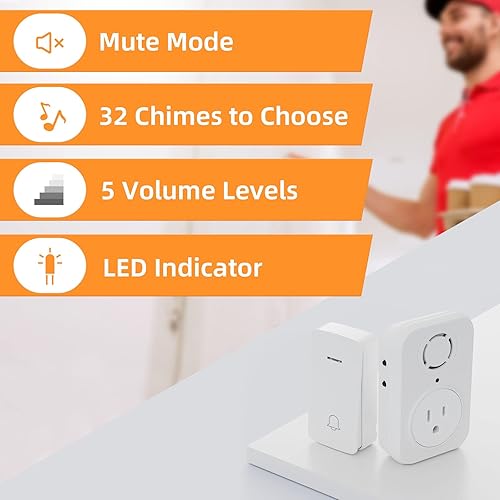 Miniatura 4 de AIDA Timbre inalámbrico, timbre autoalimentado con enchufe extra, no requiere batería, botón de timbre inalámbrico, 5 niveles de volumen con 32