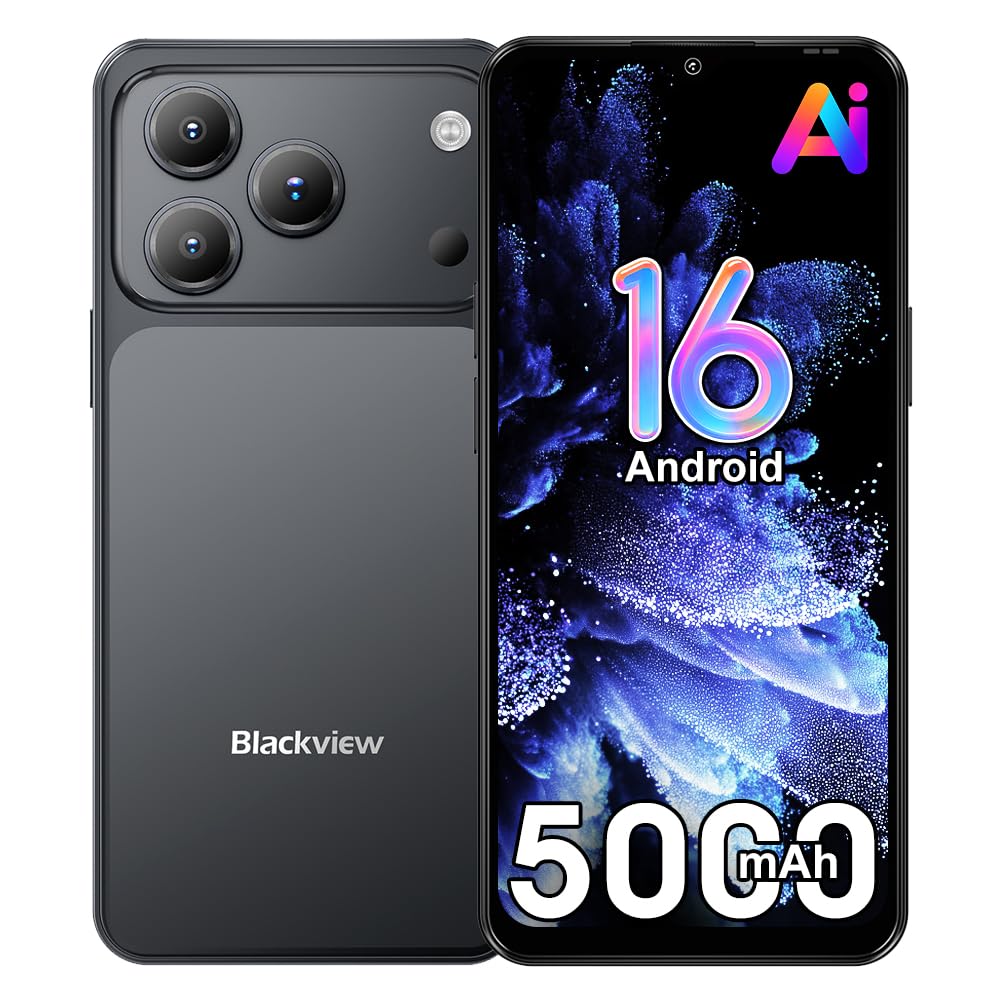 Blackview Wave 7C Android 16 Smartphone Libre con IA, 16GB+64GB/TF 1TB Teléfonos Móviles Libres, 6.56" HD+ Teléfono Móvil, 32MP+13MP, 5000mAh, 4G Dual SIM/WiFi 5/Face ID/GPS/OTG/FM/Funda, Negro