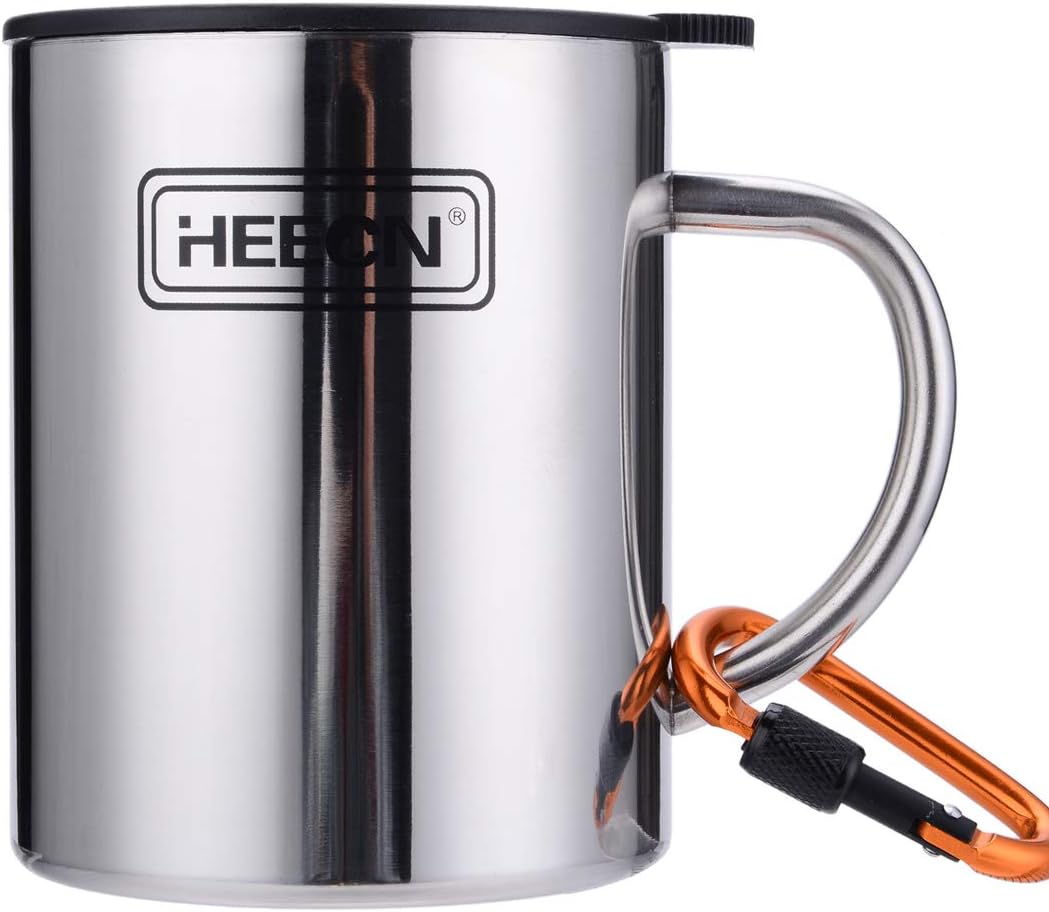 HEECN Stainless Steel Double Wall Camping Mugs with Lids and Carabiner