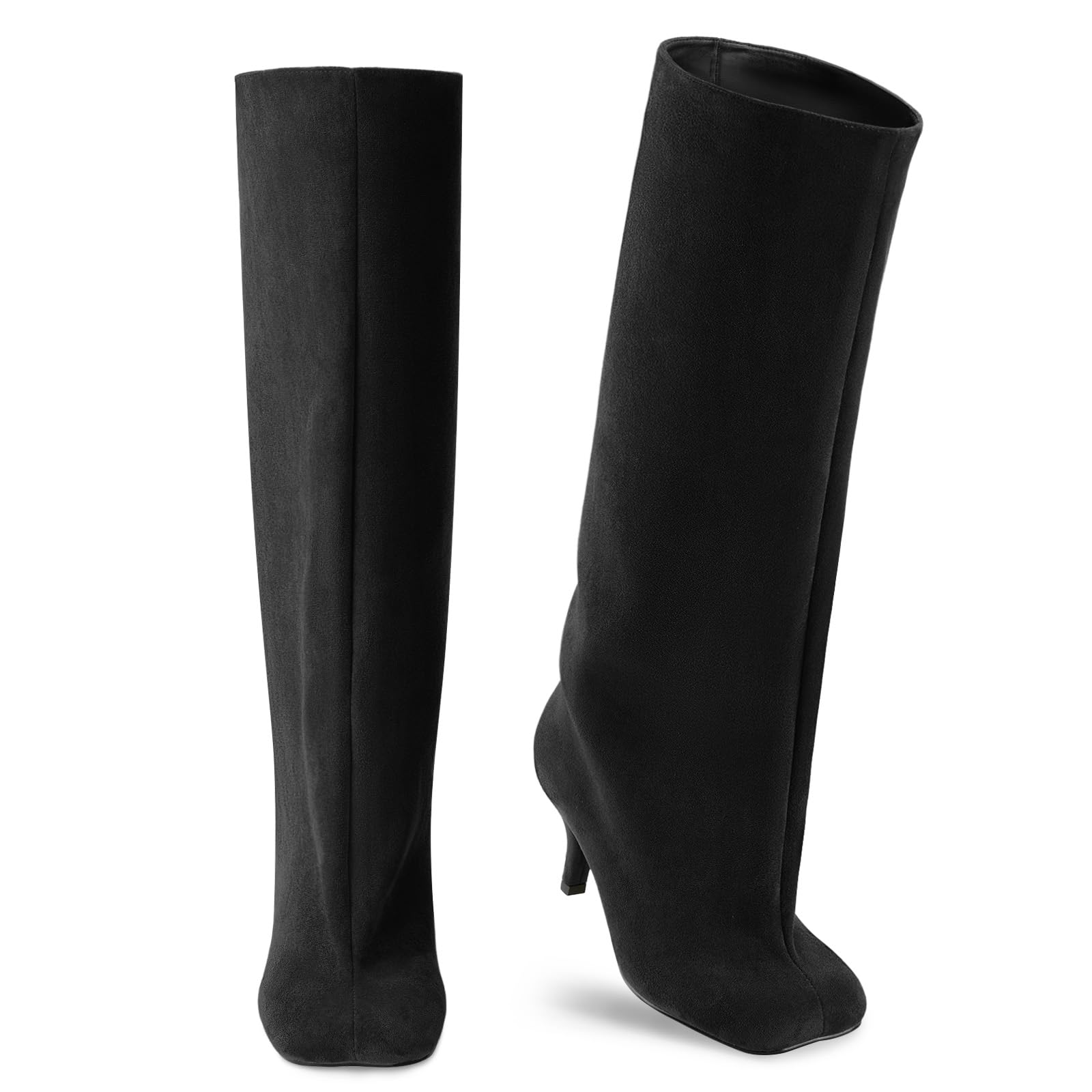 Oh Mispares Women's Nude Suede Knee High Boots - Square Toe Wide Calf Stiletto Low Heels - Fashionable Kitten Heel Pull-On Tall Winter Boots for