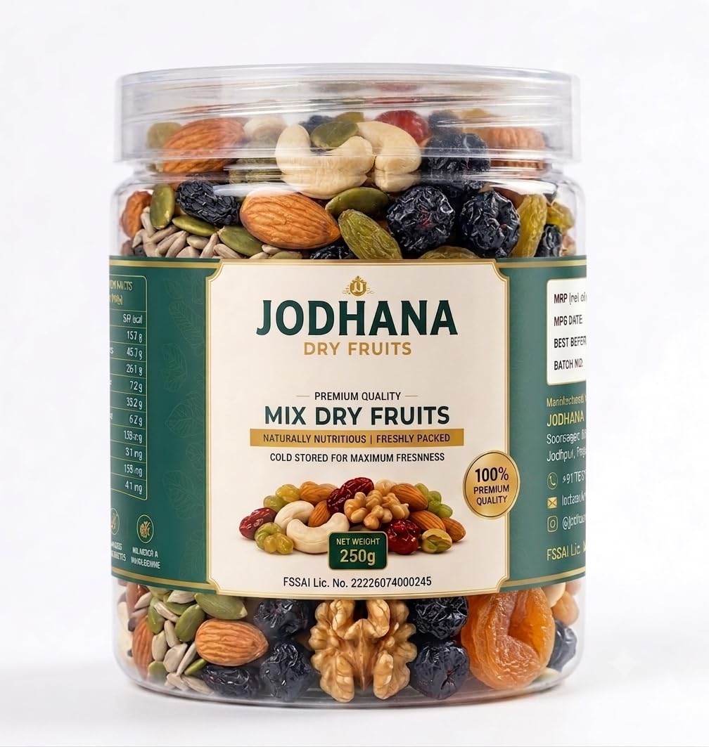 Jodhana Mix Dry Fruits 250g | Premium Mixed Dry Fruits & Seeds | Almonds, Cashews, Walnuts, Black & Green Raisins | Blueberry, Apricot, Red Cherry, Pumpkin & Sunflower Seeds | Healthy Snack | Ready to Eat-image-29