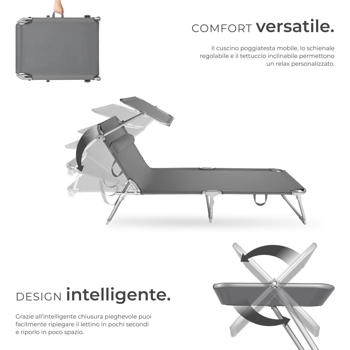 tectake Set 2 Lettino Pieghevole con Parasole, Schienale Regolabile 4 Posizioni, Rivestimento Resistente, Grigio