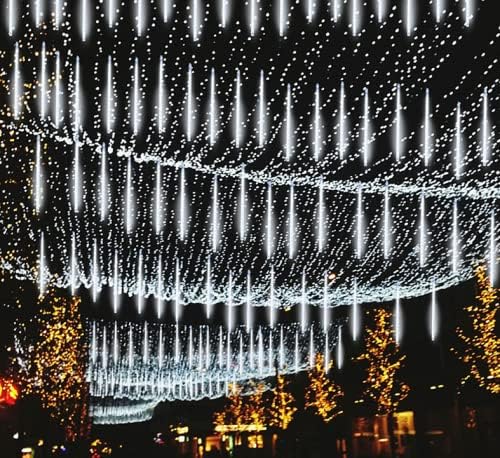 OZS 2Pack 16 Tubes 384LED Extendable Meteor Shower Lights, Icicle Lights Outdoor Falling Rain Drop Lights Plug in Christmas Lights for Tree Wedding Garden Party X'Mas Decorations (Cool)