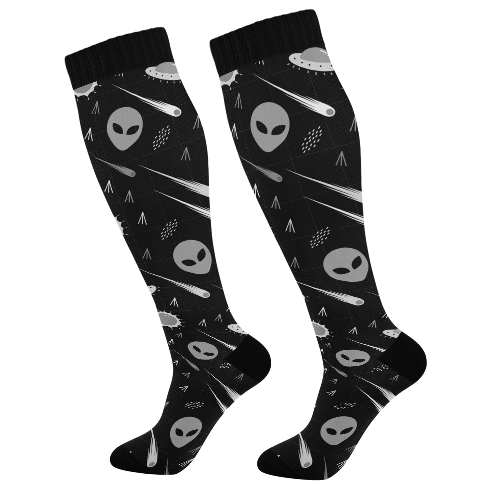 Black White Pattern Alien, Comet, Star, Sun, Wars on Dark 1 Pair Unisex Compression Crew Knee High Sock Long Athletic Soft Circulation Socks for Running,Medical Nurse,Travel,Cycling