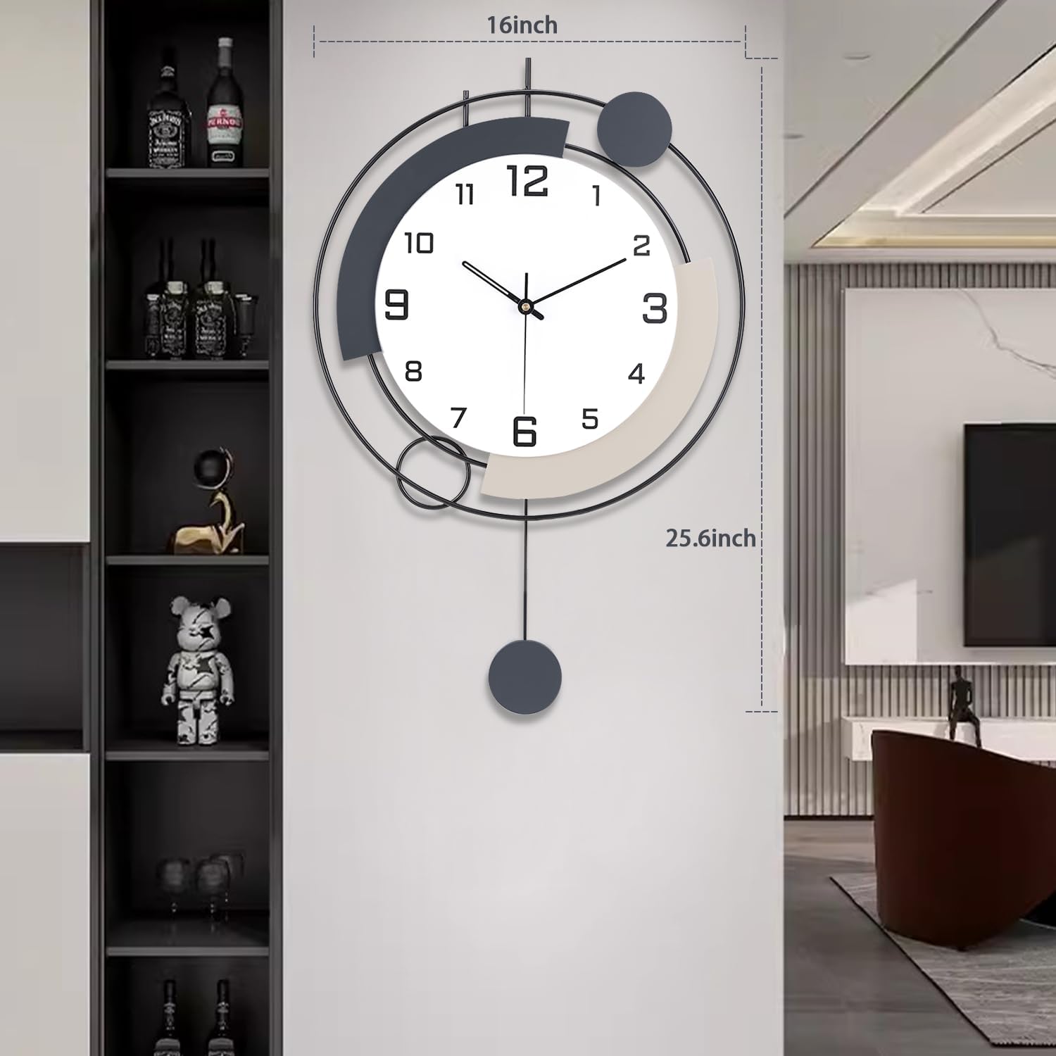 Decorative Wall Clocks with Pendulum,Silent Quality Quartz Battery Operated,Metal Large Wall Clock for Living Room,Kitchen,Home,Bathroom,Bedroom Wall Decor,16x25.6inch