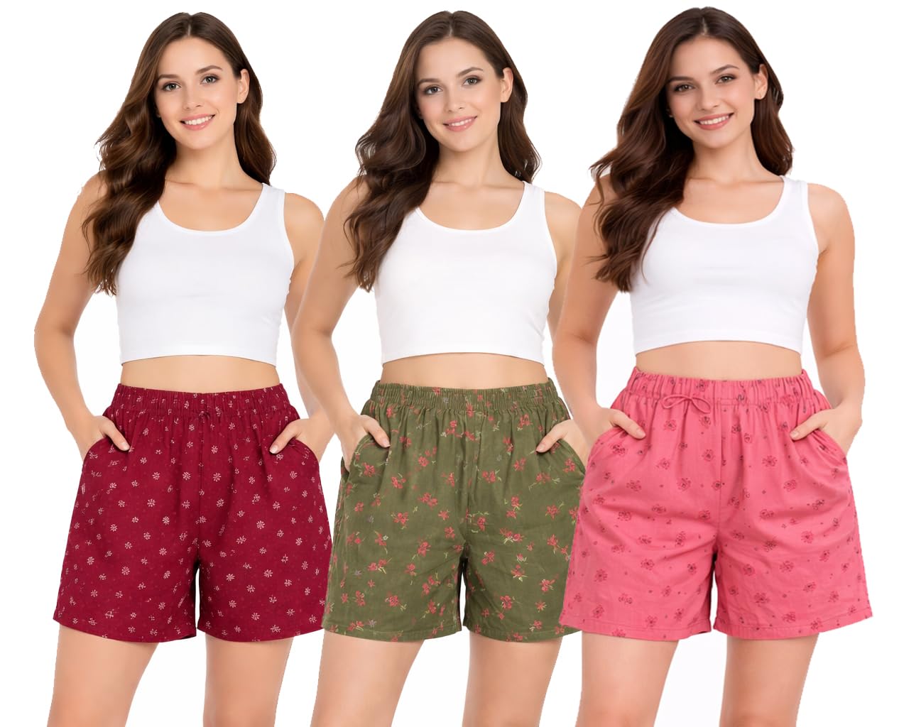 Women’s Lightweight Cotton Girls Shorts barmunda nikkar Printed with Elastic Waistband and Two Side Pockets, Comfortable Casual Sleepwear Summer for Home and Relaxed Pack of 3-picture-18