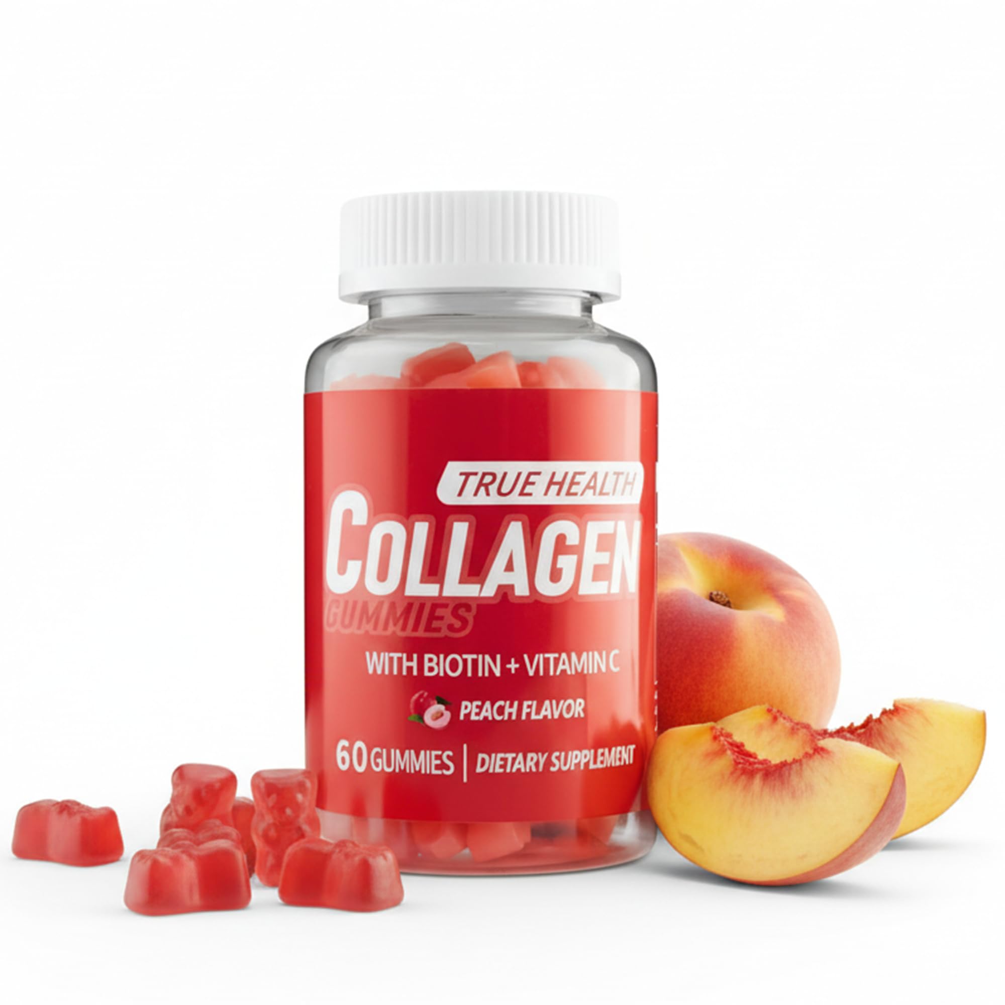 Collagen Gummies with Vitamin C and Biotin – Peach Flavored, Without Sugar or Gluten, Collagen Gummies for Women and Men – Multivitamins Supports Hair, Skin & Nails – 60 Units per Bottle