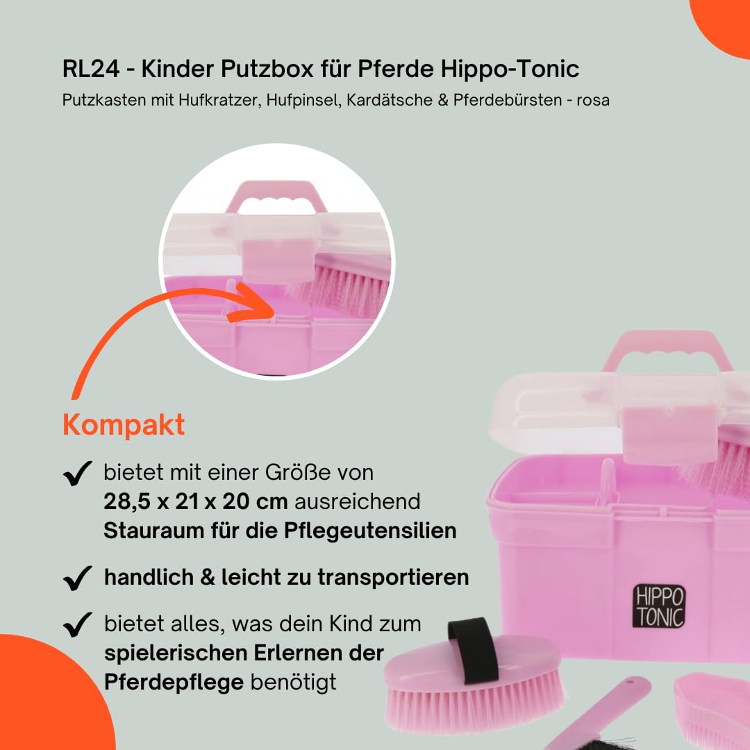 RL24 - Kinder Putzbox für Pferde Hippo-Tonic | Putzkasten mit Hufkratzer, Hufpinsel, Kardätsche & Pferdebürsten | Putzkiste in Rosa | Putzkoffer für Pferde | Pferdepflege Set 5-teilig